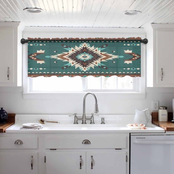 Southwestern Green Valance Curtains for Kitchen/Living Room/Bathroom/Bedroom Window, Boho Retro Ethnic Geometric Rod Pocket Small Topper Half Short Window Curtains Voile Sheer Scarf 42"x12"