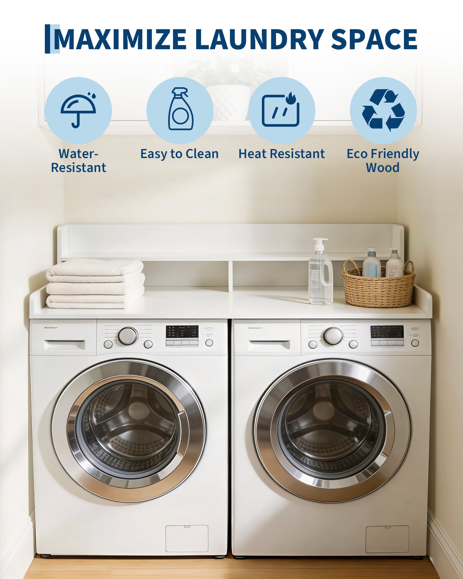 Washer Dryer Countertop, 54"x 27.5" Heavy Duty MDF Laundry Room Wood Shelf Topper, 12" Edge Rails Non Slip Pads Clothes Folding Station for Laundry Room Storage and Organization - White