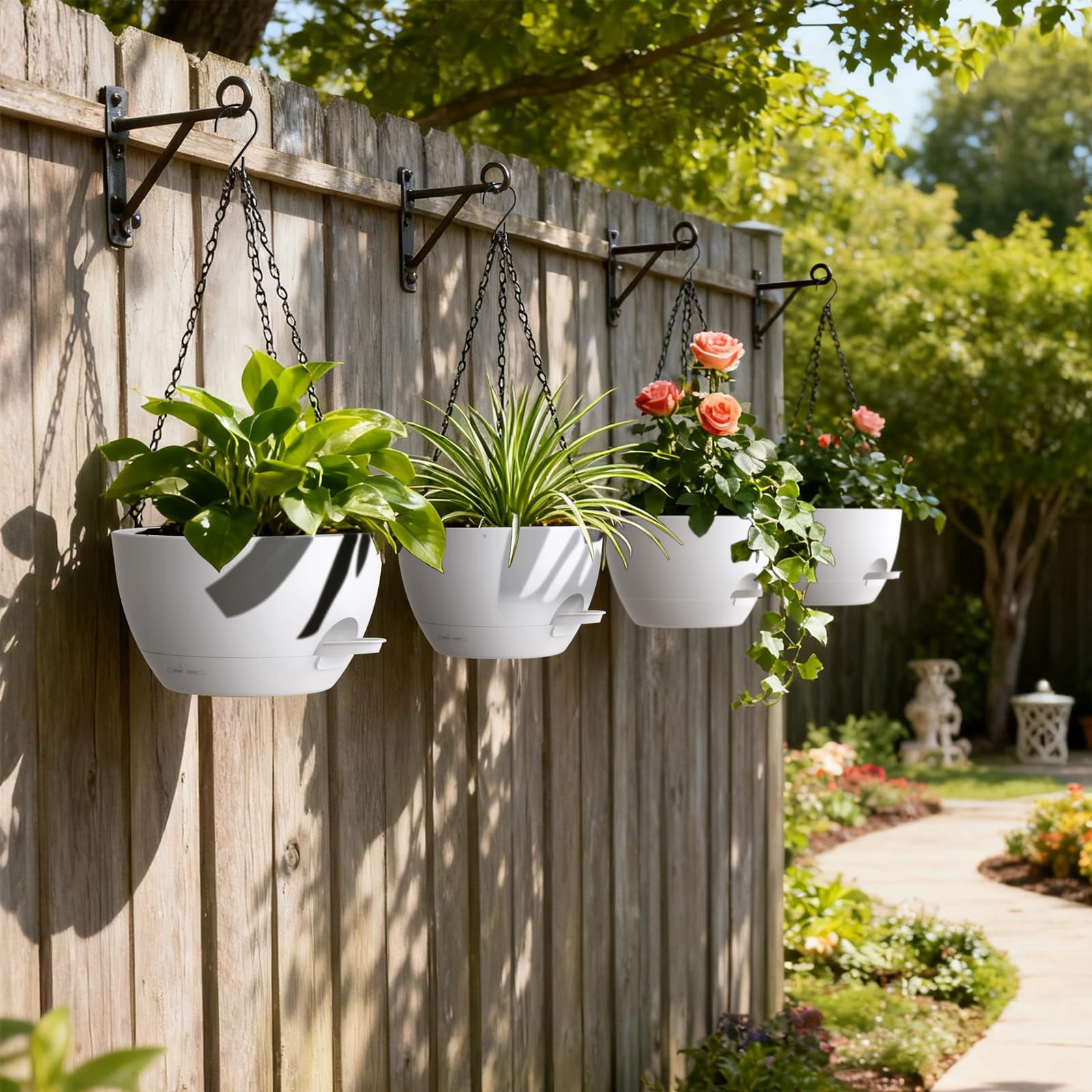 4 Pack 8 Inch Self Watering Hanging Planters For Indoor Outdoor Plants Pots With Drainage Removable Tray  Baskets Flower Ivy Pothos Garden Porch White