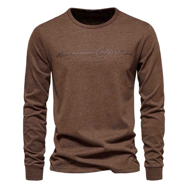 RXIRUCGD Chemise Homme Couleur Unie Coton Col Rond Manches Longues Tendance Lettre Temps Libre Couche Inférieure Extérieure, Café, Taille : TG