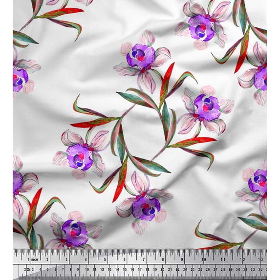 Soimoi Silk Fabric Leaves & Floral Flower Print Fabric by The Yard 42 Inch Wide