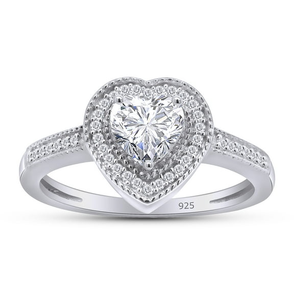 Heart & Round Cut White Cubic Zirconia Love Heart Halo Ring In 14K White Gold Plated 925 Sterling Silver (Color: White, Clarity: VVS1-VVS2) -4