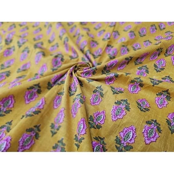 Hand Block Print Fabric by The Yard 42 inch Width 100% Cotton Material Yellow Floral Pattern Light Weight Indian Cloth for Making Kurti Summer Dress Salwar Kameez