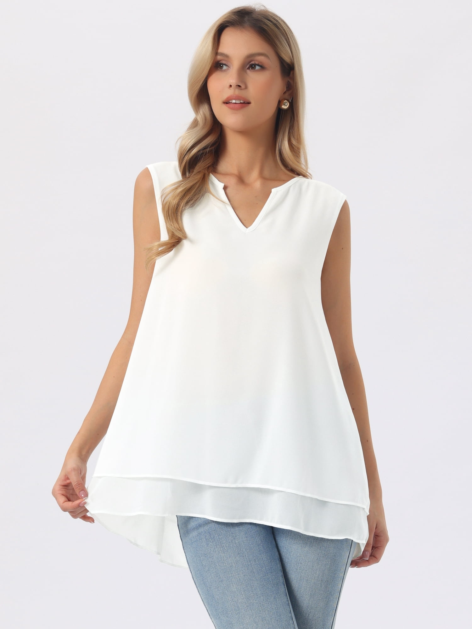 DARING DIVA Women's Chiffon V Neck Double Layer Flowy Tunic Shirts S White