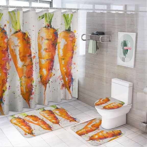 Orange Carrots 4Pcs Shower Curtain Set with Rugs with Rugs Toilet Lid Cover And Bath Mat Easter Carrot Waterproof Personality Pattern Bath Curtain for Bathtub Decor