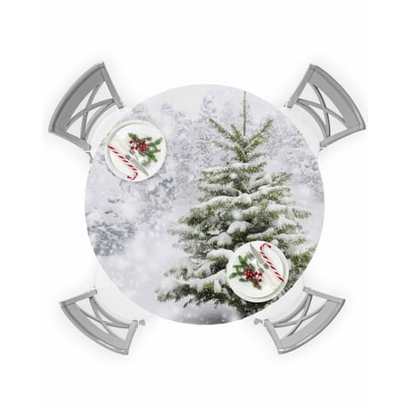 

Round Tablecloth with Elastic Christmas Tree Winter Forest Trees Snowflake Waterproof Stain-proof Table Cover Wipeable Fitted Table Cloths for 36 -44 Round Tables Dining Kitchen Indoor Outdoor Use