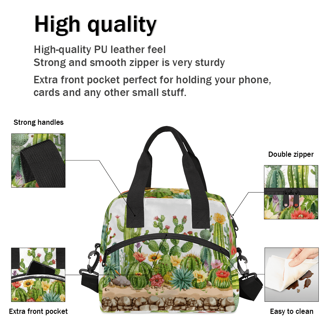 Herdesigns Cactus Floral Insulated Lunch Bag for Women Men Adults Large Reusable Lunch Box Leakproof Portable Cooler Tote Bags with Adjustable Shoulder Strap