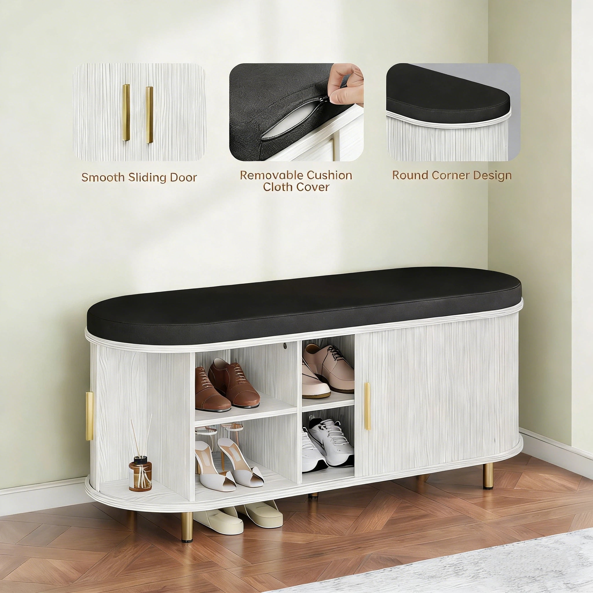 Aisword 2-Tier Shoe Bench Storage with Sliding Door, Padded Cushion, Adjustable Shelf, White