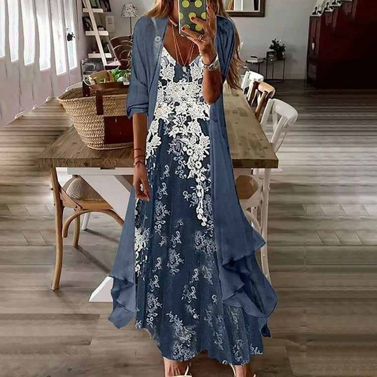 Womens Plus Size Maxi Dress Floral Classy Cami Dress Cardigan Chiffon  Wedding Guest Dresses Ladies Two Piece Outfits Blue at  Women's  Clothing store