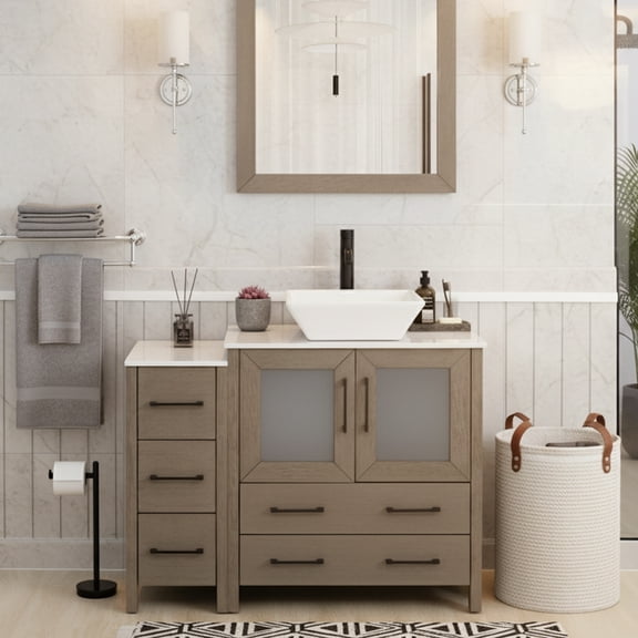 Vanity Art 42" Single Sink Freestanding Bathroom Vanity Set with Engineered Marble Top and Mirror