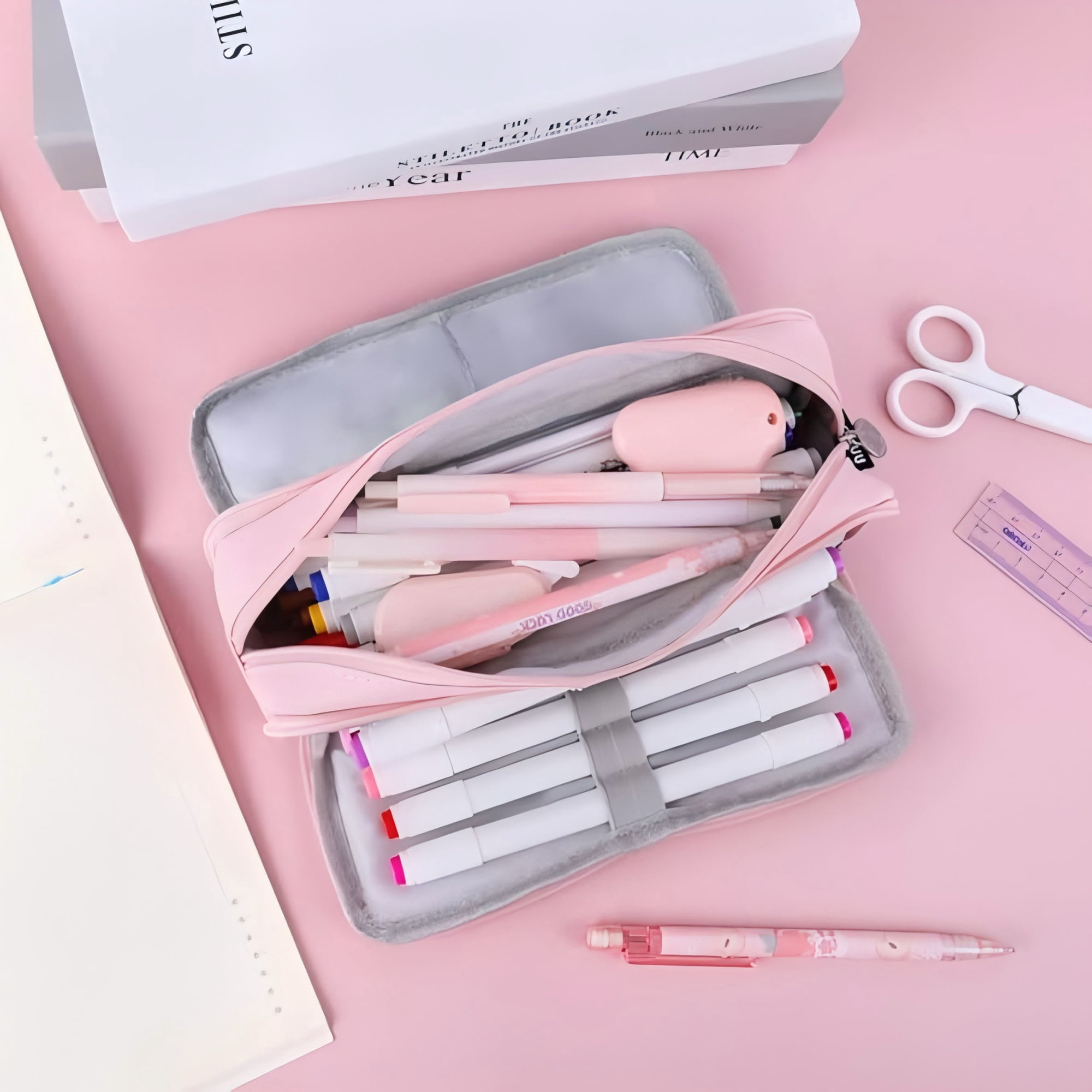 Heluo.Zu Office Pencil Case,Colored Pencils Pouch for Students Stationary,3 Compartments Canvas Pencil Bag Pencil Boxes with Zipper,Pink