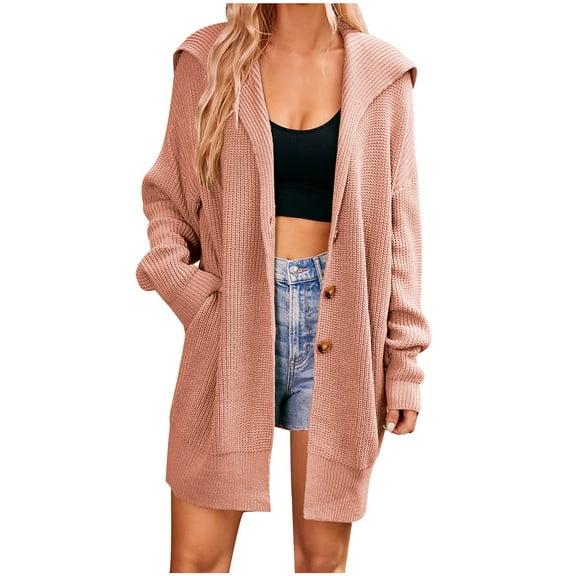 QUYUON Women Cardigan Sweaters for Fall Sale Long Sleeve Cardigan Sweaters for Women Plus Size Oversized Cardigans Women Pockets Cardigan Jacket Style Q-2862 Winter Knit Sweater Outerwear Coat Pink S