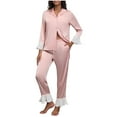 thumbnail image 2 of Womens Pajama Sets Long Sleeve Button Down Shirts and Ruffles Bottoms with Pockets Loungewear Soft Comfy Homewear Pj Sets for Woman, 2 of 8