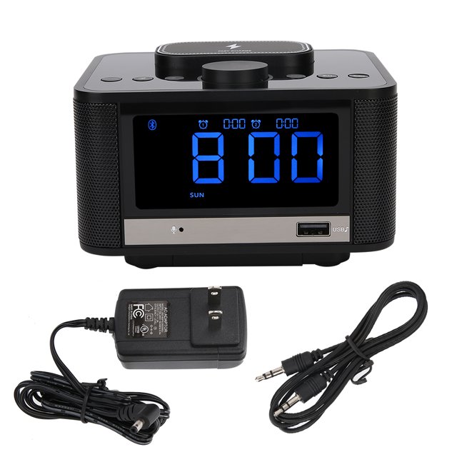Altavoz Bluetooth Reproductor Radio Carga inalámbrica Reloj despertador digital Enchufe de EE. UU. 110-240 V Negro