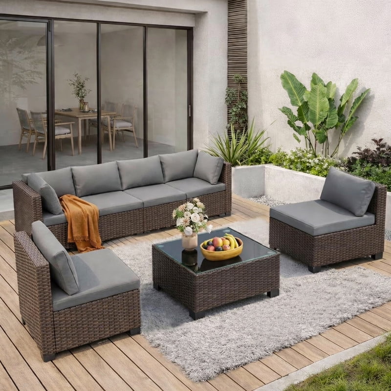 All-Weather 7 Piece Patio Furniture Set, Rattan Wicker Outdoor Conversation Sectional Sofa Set with Glass Table, Gray