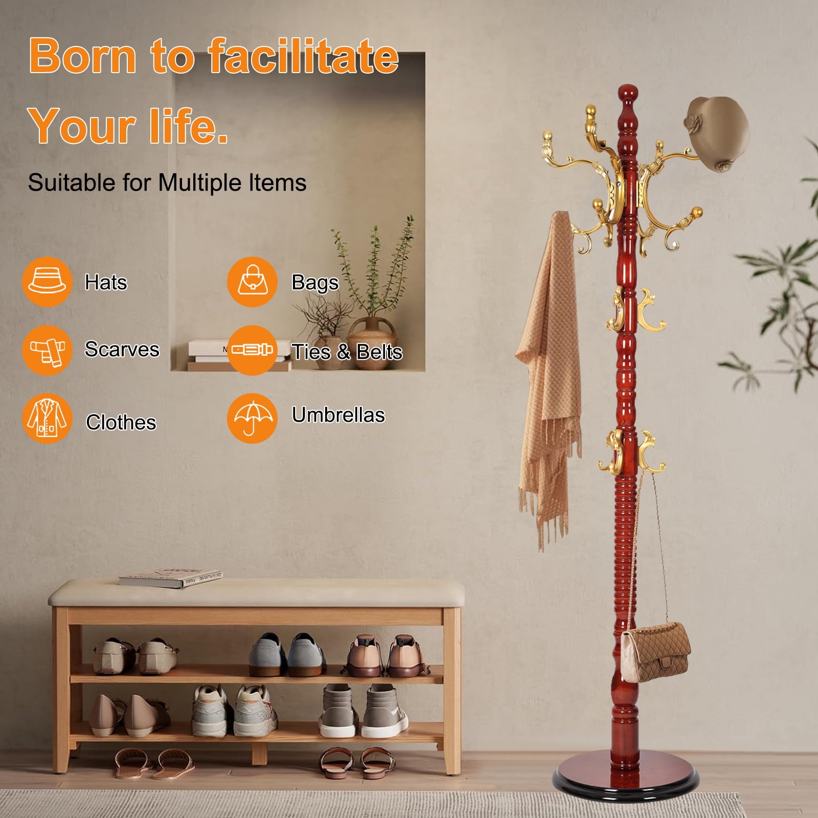 Freestanding Wooden Coat Rack, Vintage Natural Birch Wood Coat Tree with Hooks, Sturdy Hall Tree for Entryway & Office