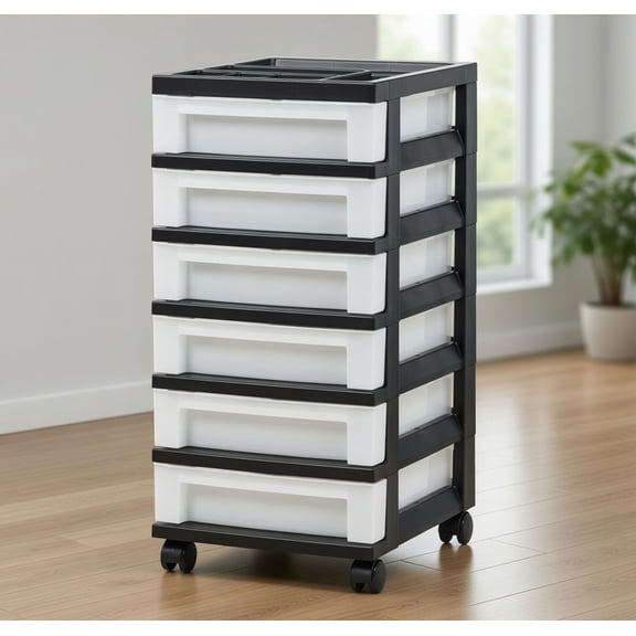 6-Drawer Rolling Plastic Storage Organizer Cart with Wheels and Top Compartments, Black and White