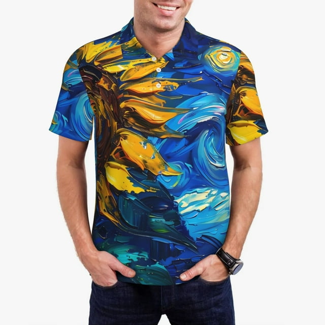 Fotbe Sunflower Starry Night Vibes Pattern Men’s Golf Polo Shirt – Breathable Performance Golf Shirt with Button-Down Collar-X-Large