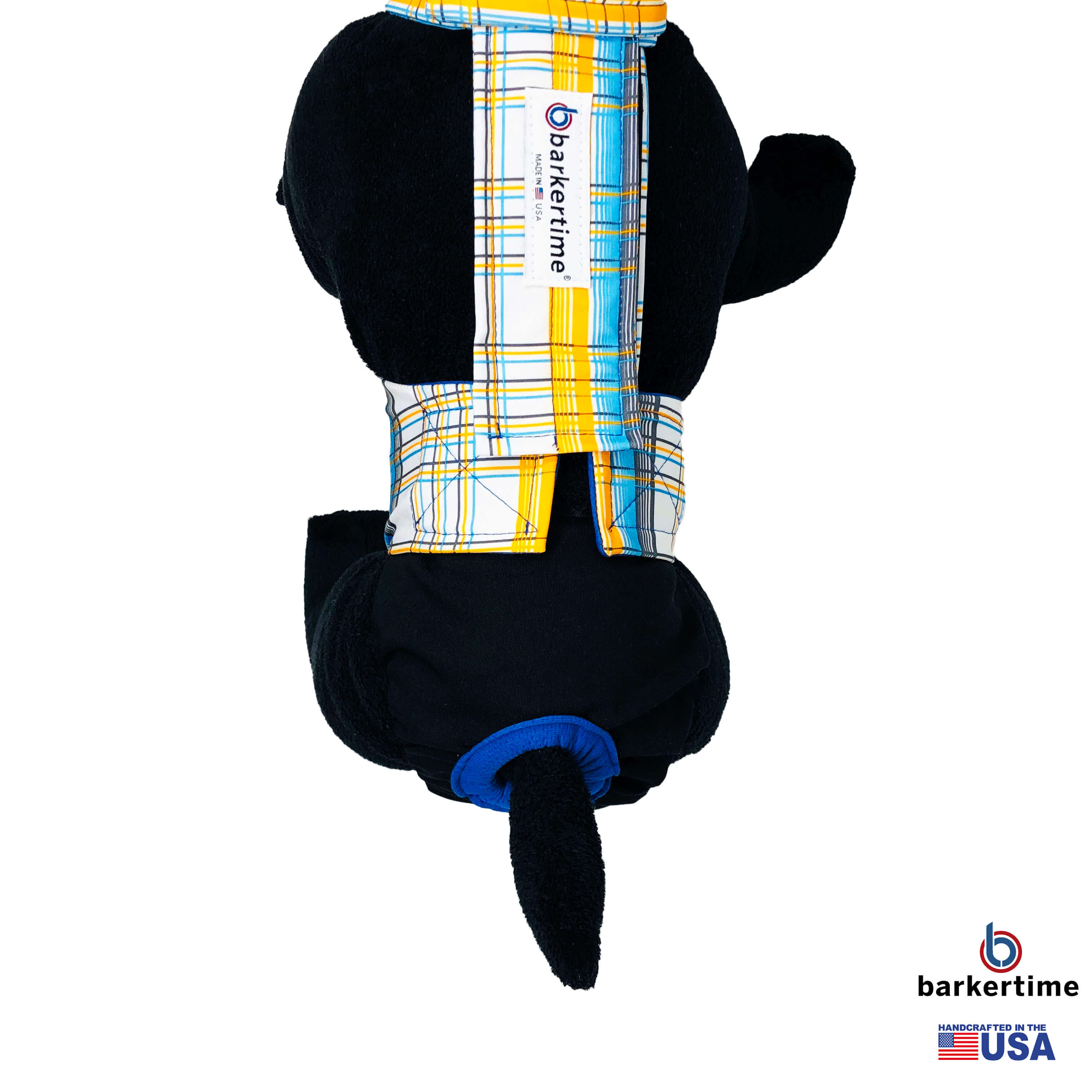 Barkertime Blue Yellow Plaid on Black Dog Diaper Overall