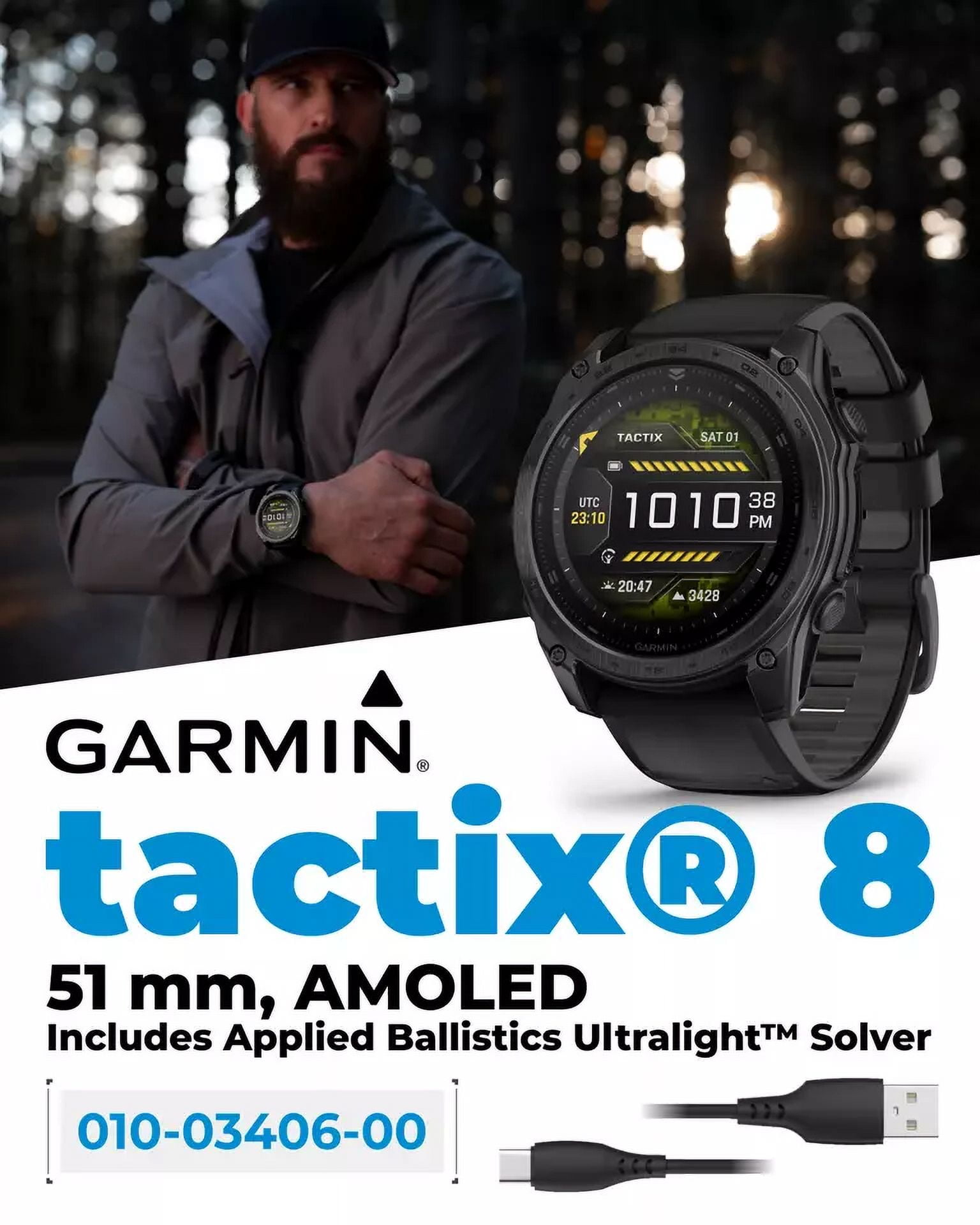Garmin tactix 8 51mm AMOLED Sapphire Edition Smartwatch with Applied Ballistics Ultralight Solver and Built-In Flashlight (Black)