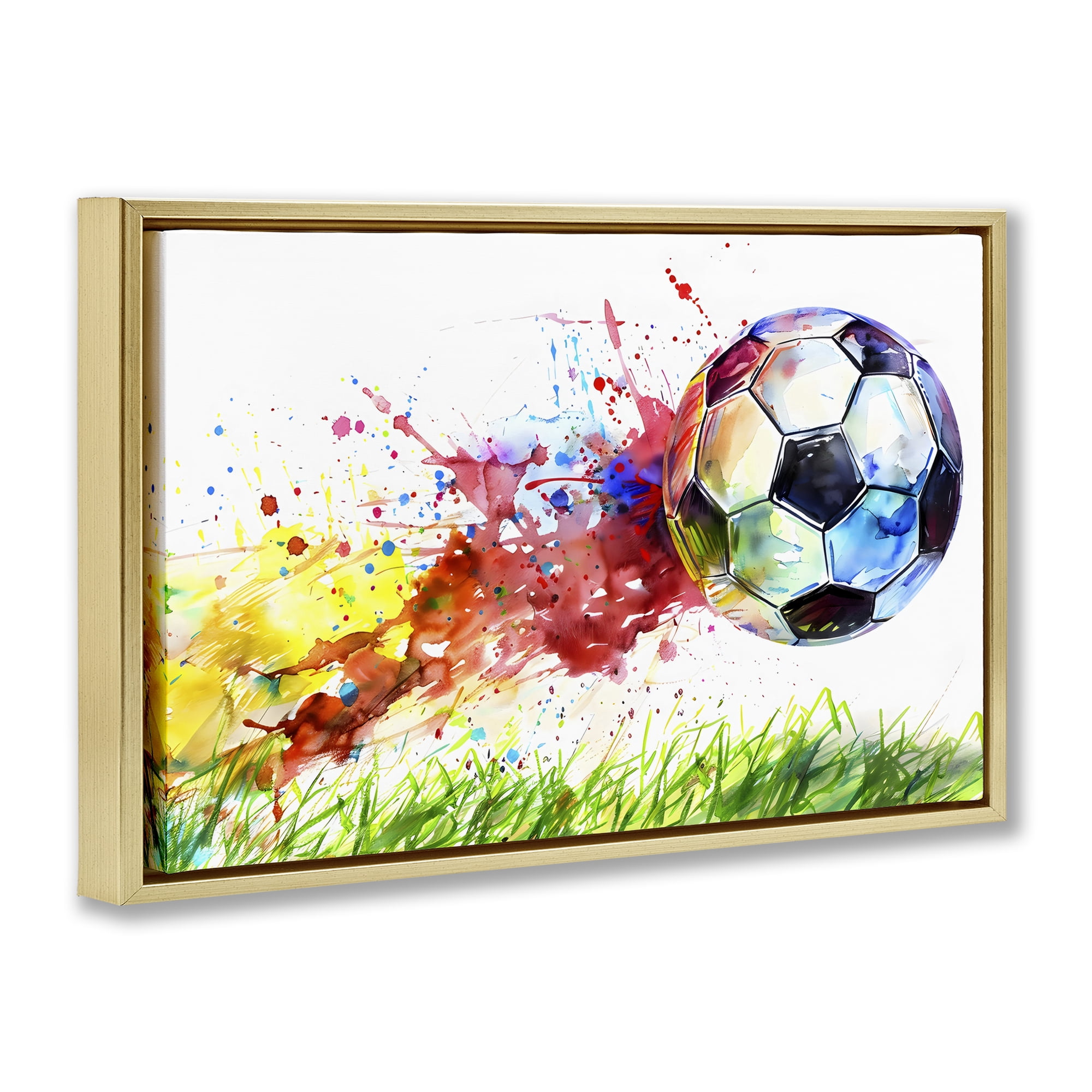 Stupell Industries Watercolor Soccer Ball in Motion Gold Framed Floater Canvas Wall Art, design by Creative Studio