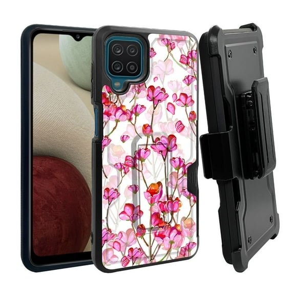 ANJ  Rugged Dual Layer Shockproof Holster Case w/Card Slot, Kickstand   Tempered Glass for Samsung Galaxy A12 - Red Florals
