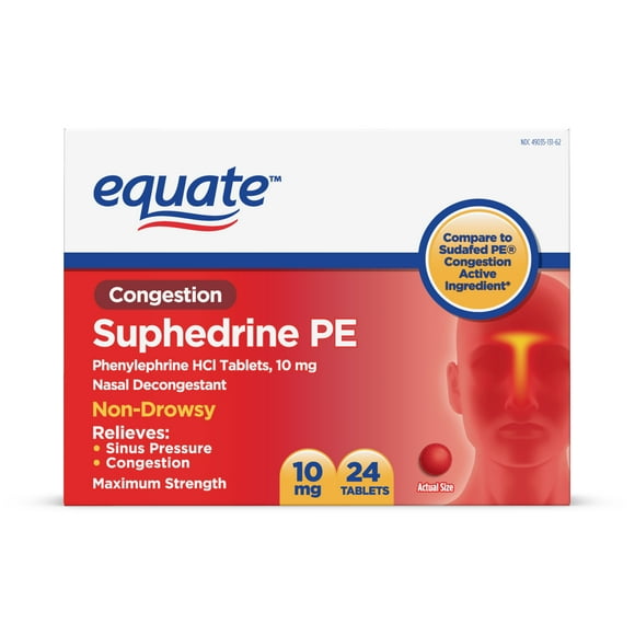 Equate Maximum Strength Nasal Decongestant PE, Phenylephrine HCl, 10 mg Tablets, 24 Count