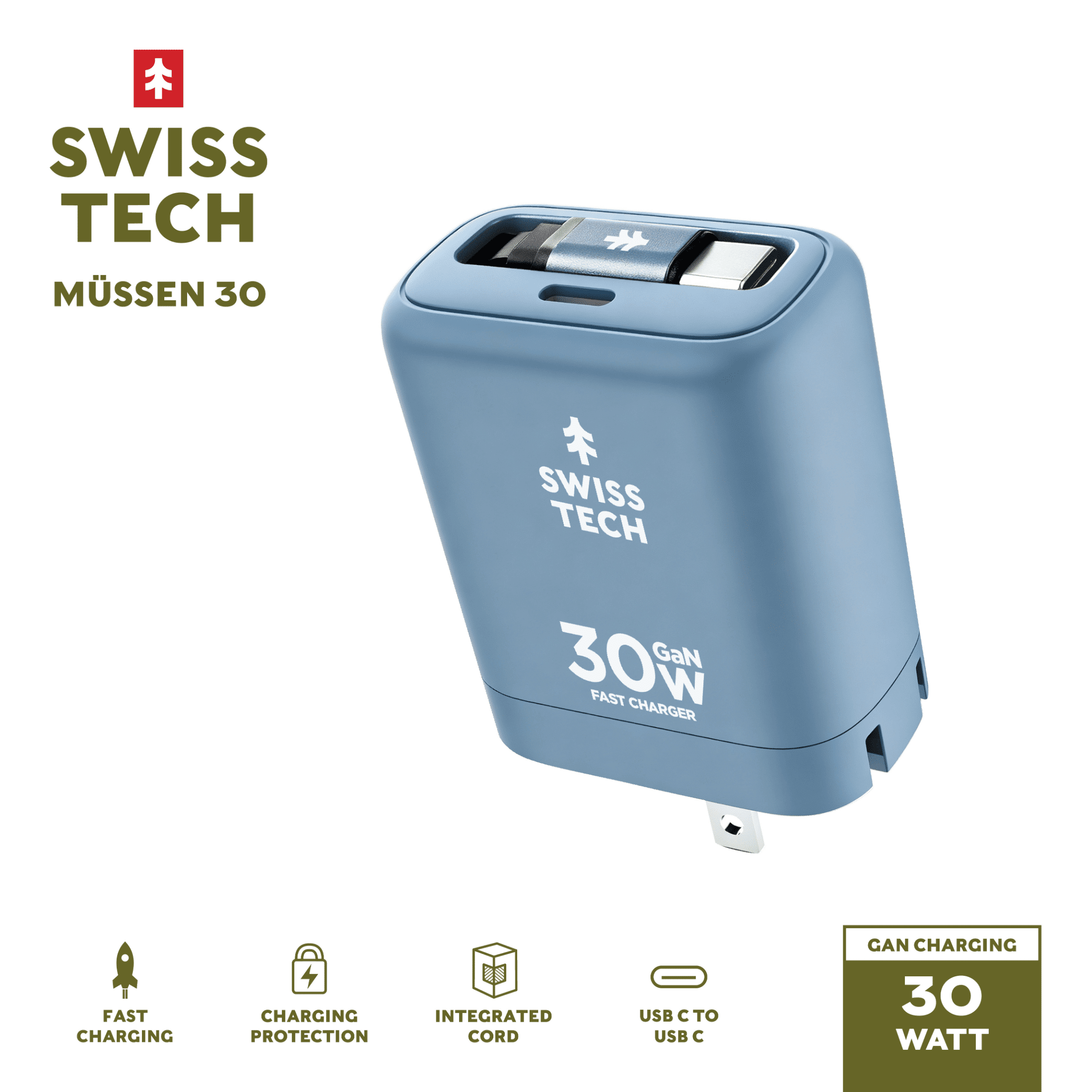 Swiss Tech Mussen 30W USB-C Wall Charger with Retractable Cable, Fast PD Charging, Cresta Blue