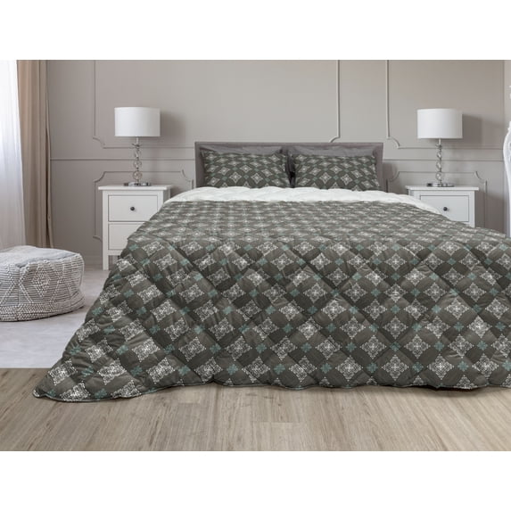 Damask Comforter & Sham Bedding Set, Old Fashion Victorian Rococo Motif of Oriental Boho Floral Effects, 3 pcs Duvet Set Microfiber Filling Quilt, 5 Sizes, Army Green and White, by Ambesonne
