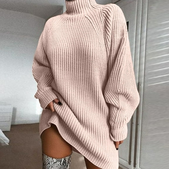 Womens Sweaters Women Fashion Mid Length Raglan Sleeve Sweater Solid Color Turtleneck Sweater Dress