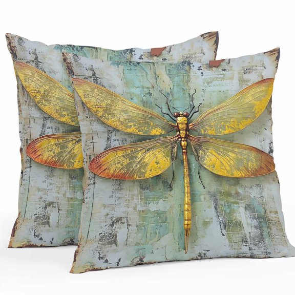 Waterproof Throw Pillow Covers Set of 2, 16x16 Inch Ombre Dragonfly Decorative Pillowcases Outdoor Pillow Slip Cushion Covers Set for Couch Tent Vintage Abstract Oil Painting
