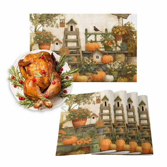 Fall Placemats Set of 6 Floral Pumpkin Place Mats Thanksgiving Placemat Autumn Harvest Farmhouse Table Mats for Dining Kitchen Table Holiday Dinner Party Home Fall Decorations 13x19 Inch