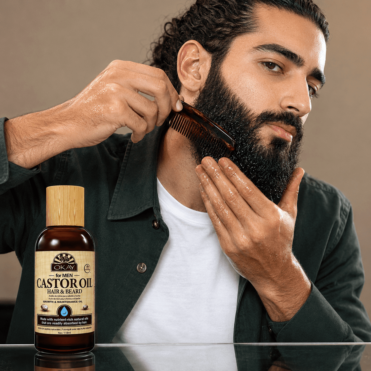 OKAY Men Castor Oil Beard & Hair Growth Oil Lightweight – Moisturizing & Growth-Stimulating Grooming Oil, Silicone & Paraben-Free, All Hair & Beard Types, 4 oz / 118 ml