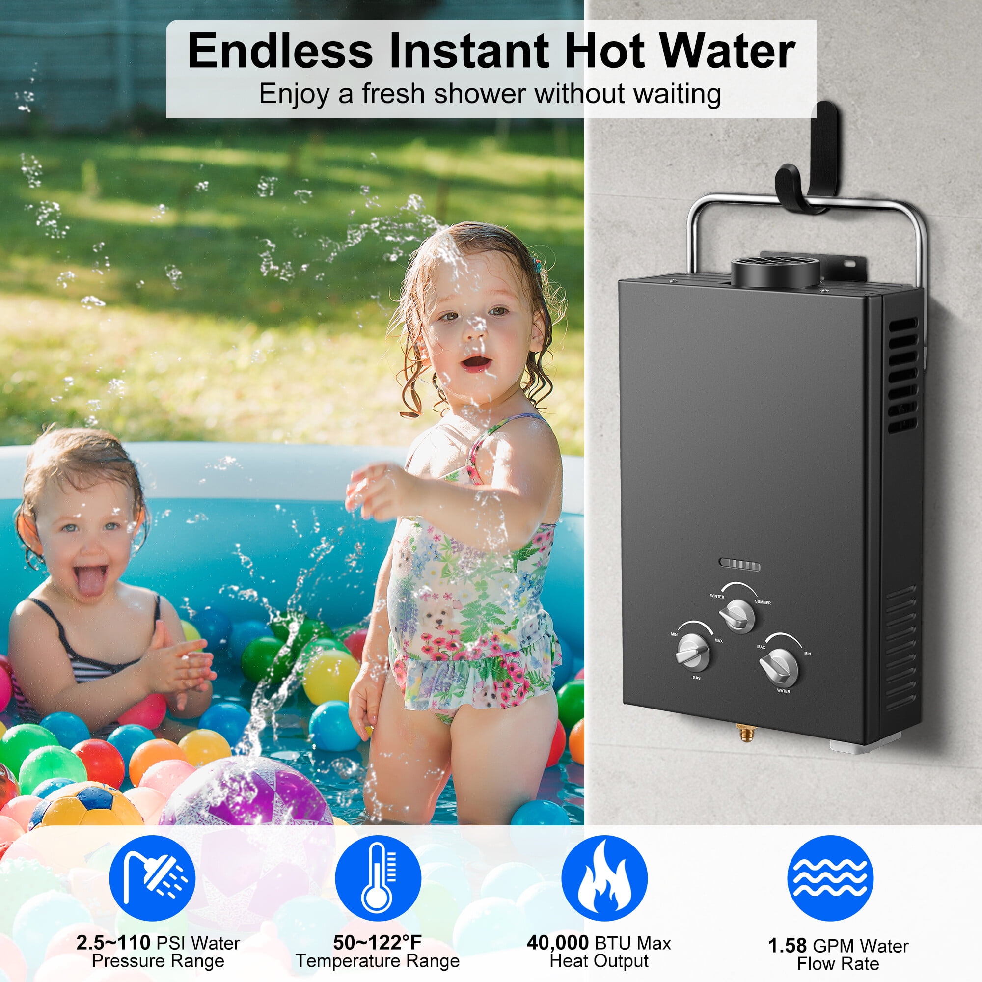 6L Portable Natural Gas Tankless Water Heater, 1.58GPM Instant Hot Shower for Camping/RV, 40K BTU, Black