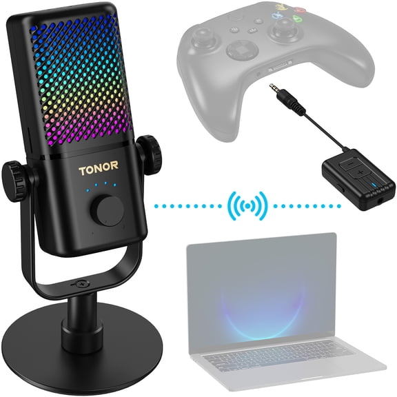 TONOR Gaming Microphone Compatible with Xbox, RGB Condenser Streaming Mic with 30H Battery Life, Low Noise, Gain Control, One Tap Mute, Compatible with Capture Card, Desktop Stand, Black, TCX3 Flow