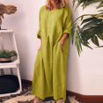 thumbnail image 3 of JUNWELL Robe Caftan à Col Rond Coton Lin Longue Chemise Robes Caftan pour Femmes Décontracté Femmes Couleur Unie Robe Maxi Oversize, 3 of 7