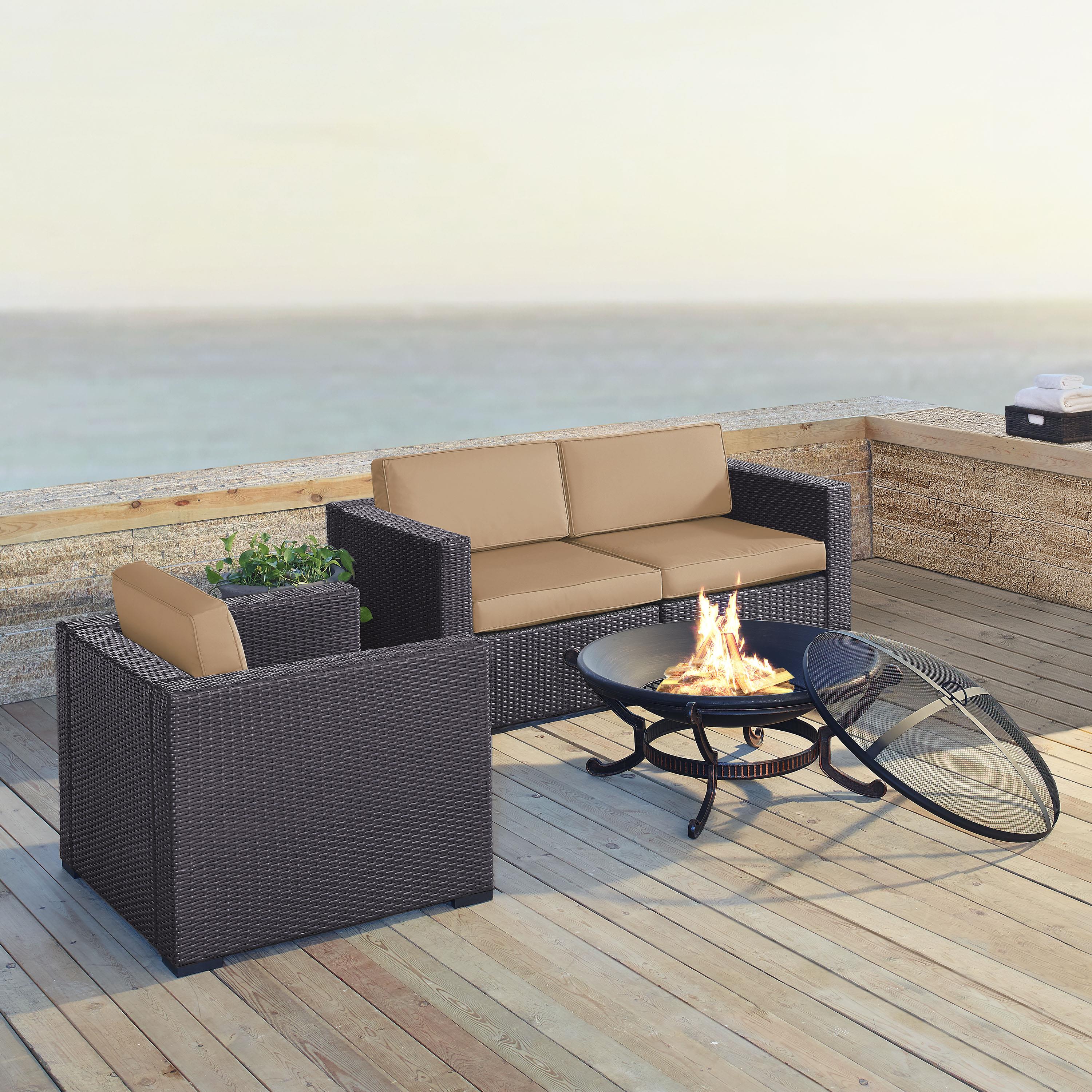 Biscayne 4Pc Outdoor Wicker Conversation Set W/Fire Pit Mocha/Brown - Armchair, Ashland Firepit, & 2 Corner Chairs - image 4 of 4