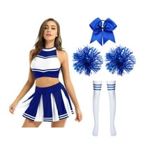 TiaoBug Women Cheerleading Costume Musical Cheer Leader Uniform with Striped Socks Bow Hair Pom Poms Blue A M