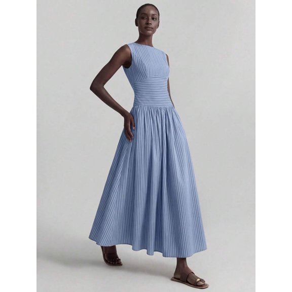 Blue Striped Sleeveless Ruched Waist A-Line Maxi Dress Cotton
