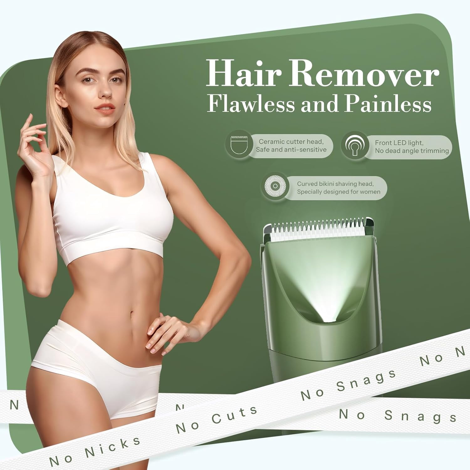 Bikini Trimmer for Women, 2 in 1 Electric Shaver for Women, Pubic Hair Trimmer Waterproof IPX7 with LED, Bikini Razor for Leg Arm Underarm Bikini Area, Christmas Gifts for Her - Dark Green