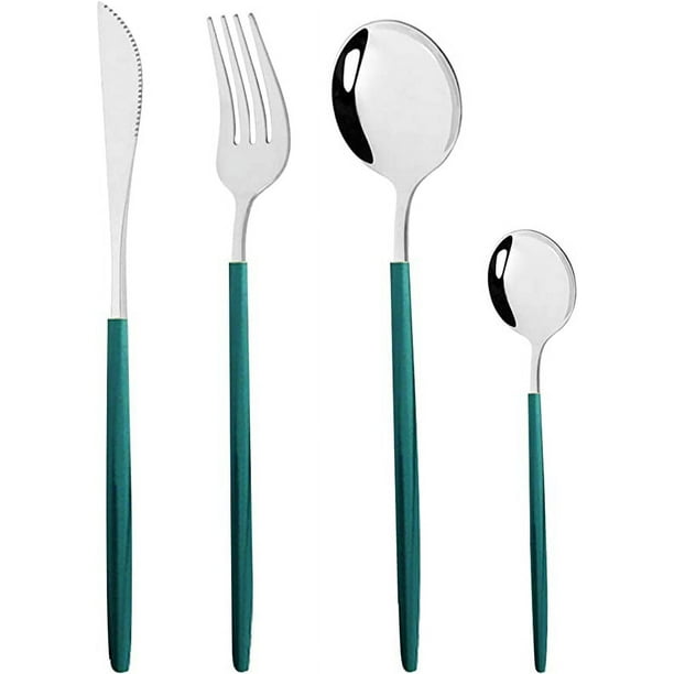 XmhyTop Juego de cubiertos de acero inoxidable reutilizables, cubiertos con espejo (servicio para 6 personas, verde plateado)