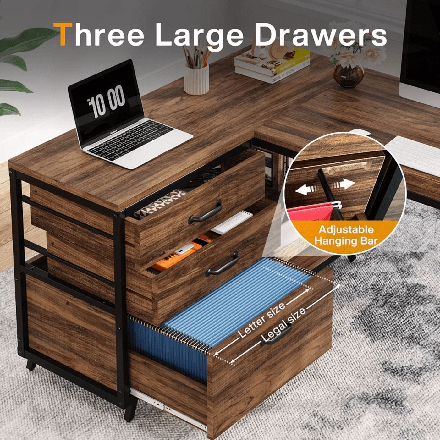 53" Reversible L-Shaped Computer Desk With 3 Drawers & Shelves - Spacious Workstation For Home Office, Study & Gaming (Rustic Brown)