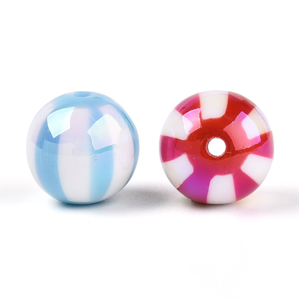UV Plating Opaque Acrylic Beads Iridescent Round with Stripe Mixed color 12x11~11.6mm Hole: 2.5mm