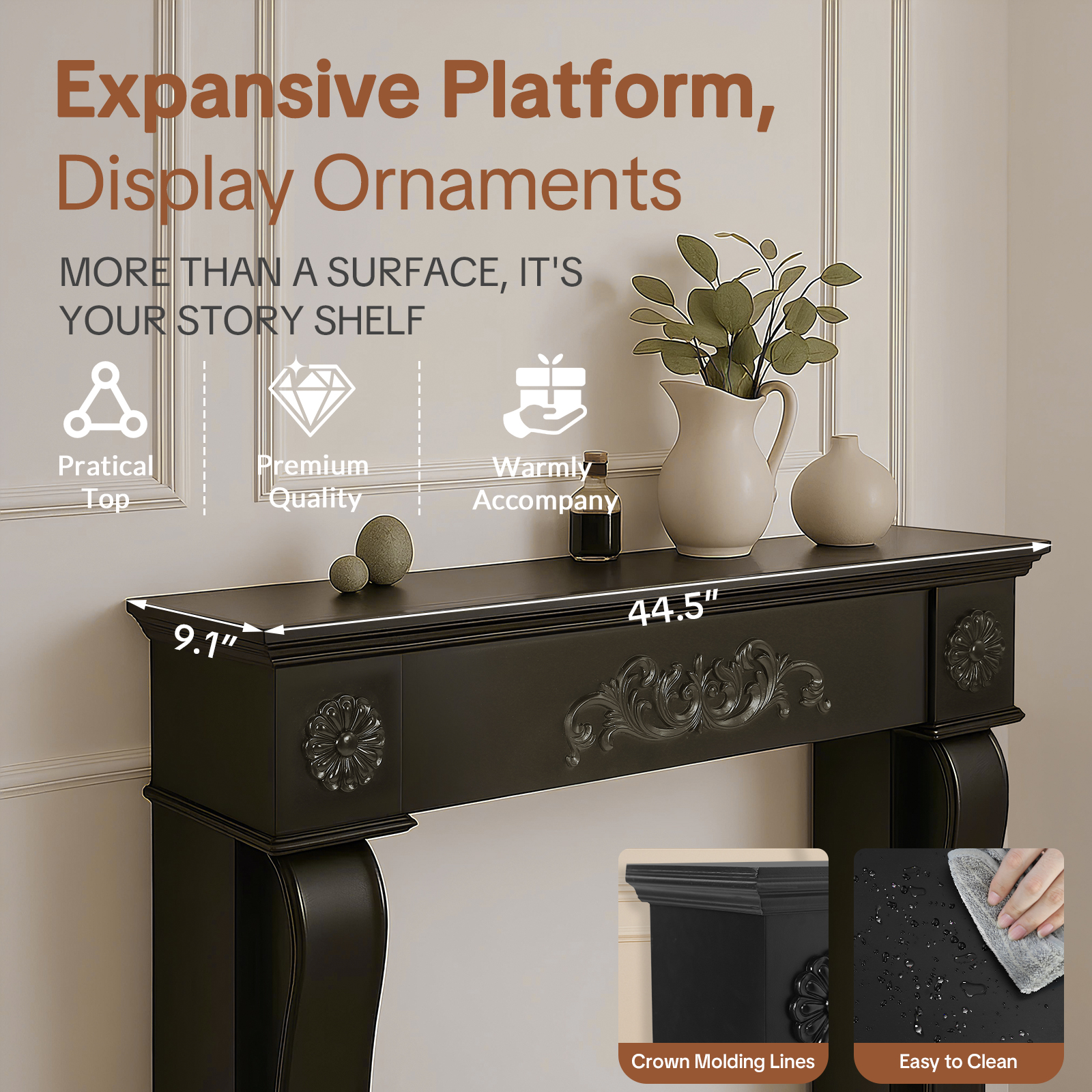 OUINCH 44.5" Fireplace Mantel, Freestanding Fireplace Surround with Leg for Electric Fireplaces, MDF Mantel Surround with Shelf for Living Room with Decorative Pattern, Anti-Tipping & Waterproof