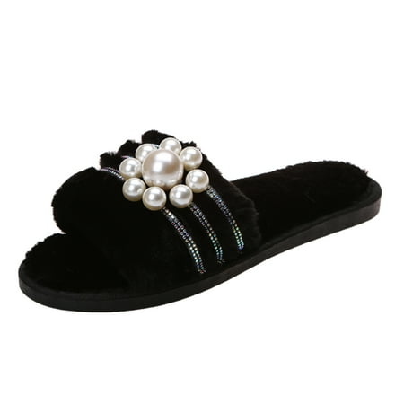 

Women s Pearl Decoration Open-Toe Solid Color Warm Flat Cotton Slippers