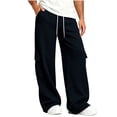 thumbnail image 3 of Men's Cargo Wide Leg Sweatpants with Pockets Classic Drawstring Waist Loose Straight Trousers, Soft Knit Casual Daily Sports Pants Dark Blue S, 3 of 8