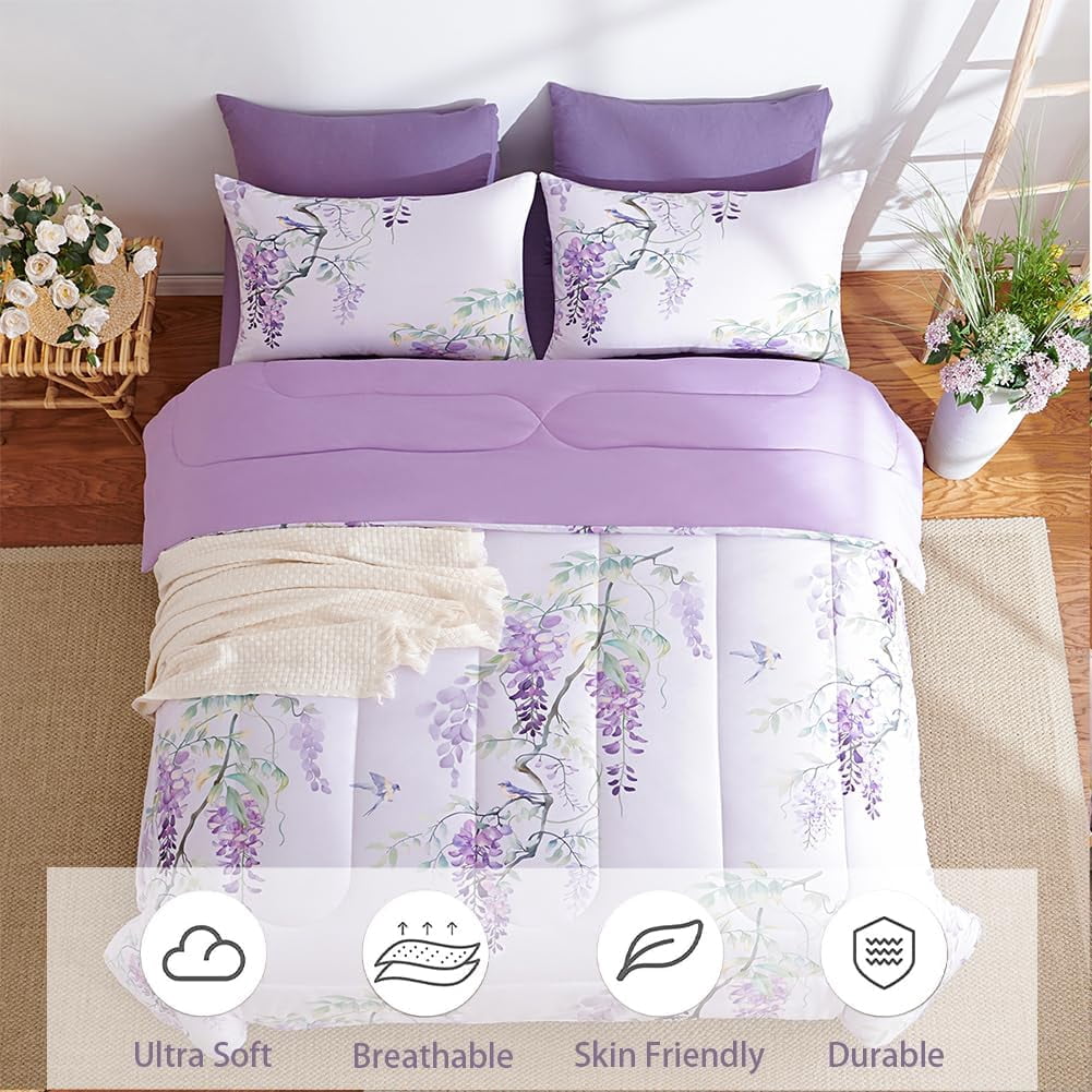 JOLUSERE Romantic Wisteria Comforter King Sets, 3 Pieces Chic Botanical Purple Floral Reversible Comforter for All Season