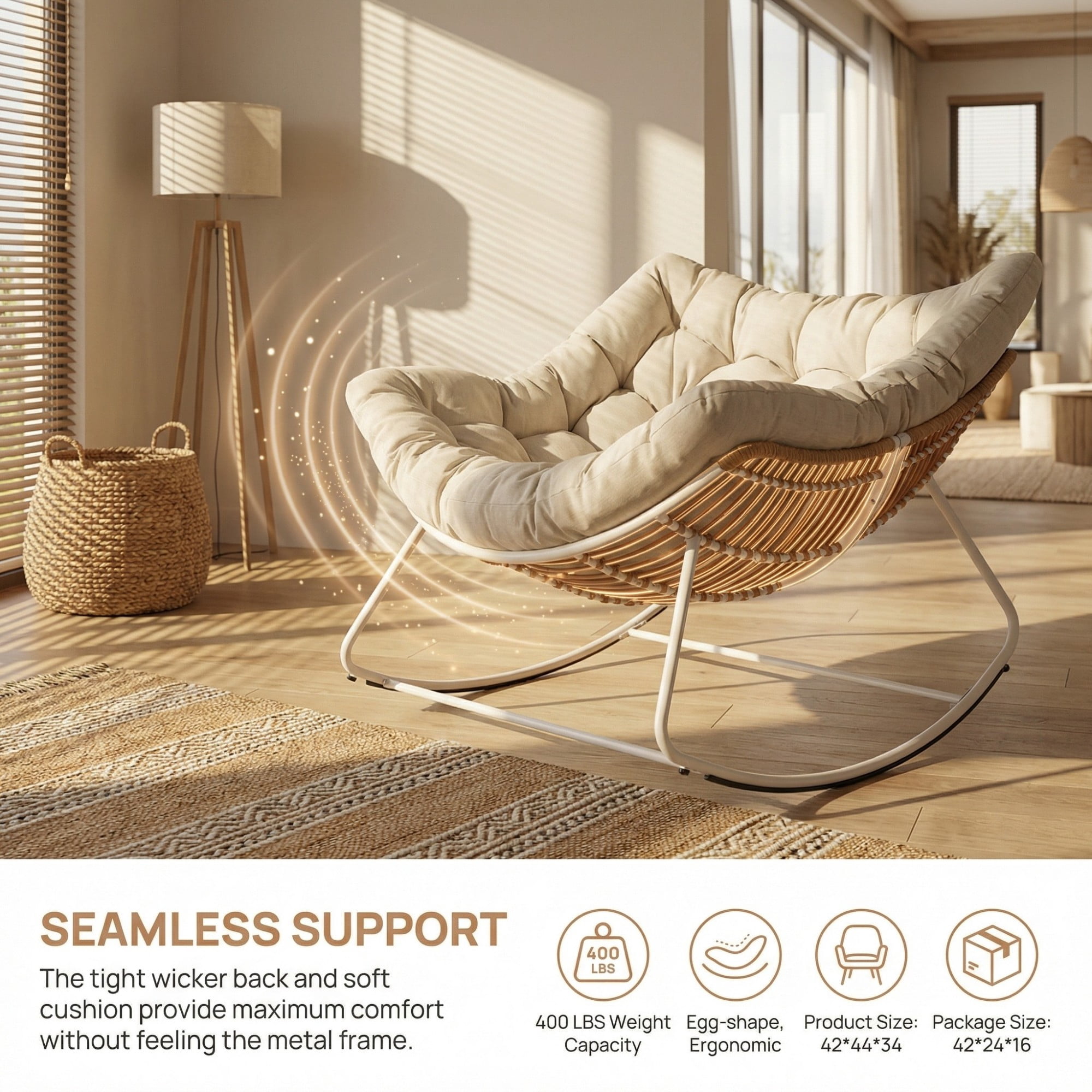 Outdoor Papasan Rocking Chair Oversized, Rattan Egg Rocker Chair with Padded Cushion, 400lbs Patio Wicker Rocking Chair for Living Room Porch Backyard, Beige