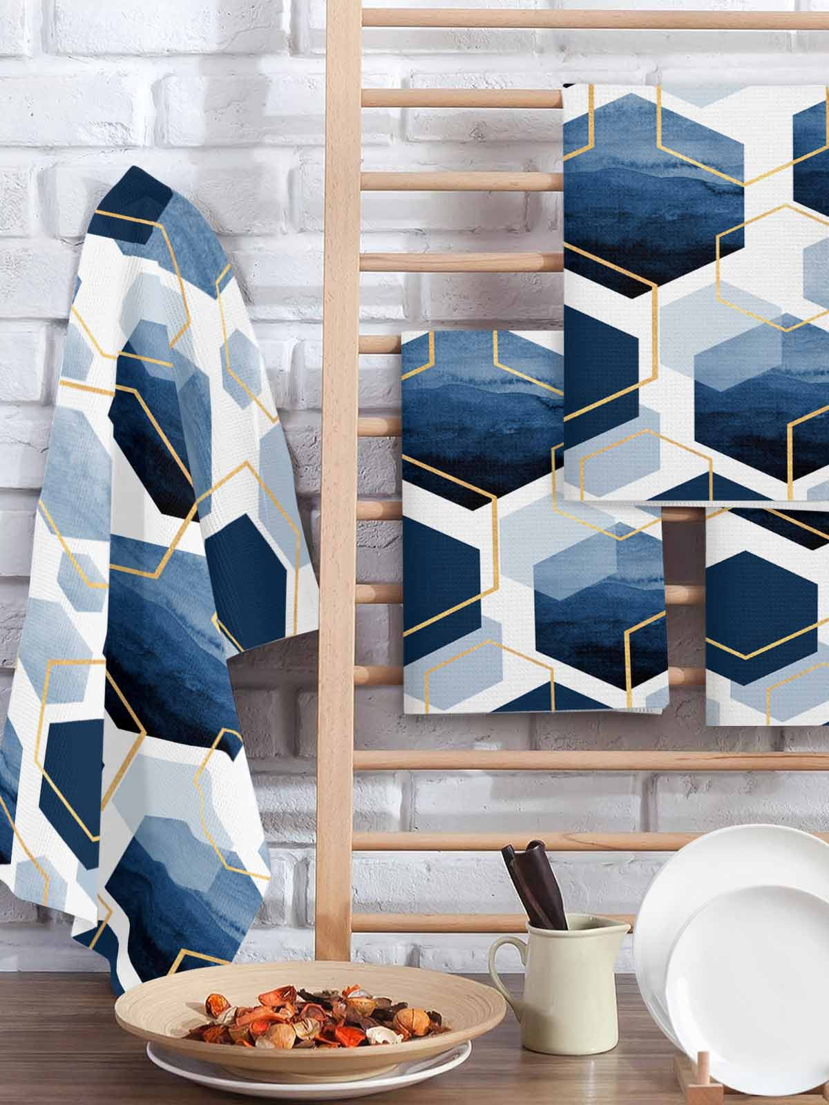 Navy Blue Marble Kitchen Dish Towels for Drying Dishes Set of 2, Gold White Geometric Hexagon Modern Waffle Weave Microfiber Hand Tea Bathroom Towels Quick Dry & Absorbent Towel 15.7x23.6