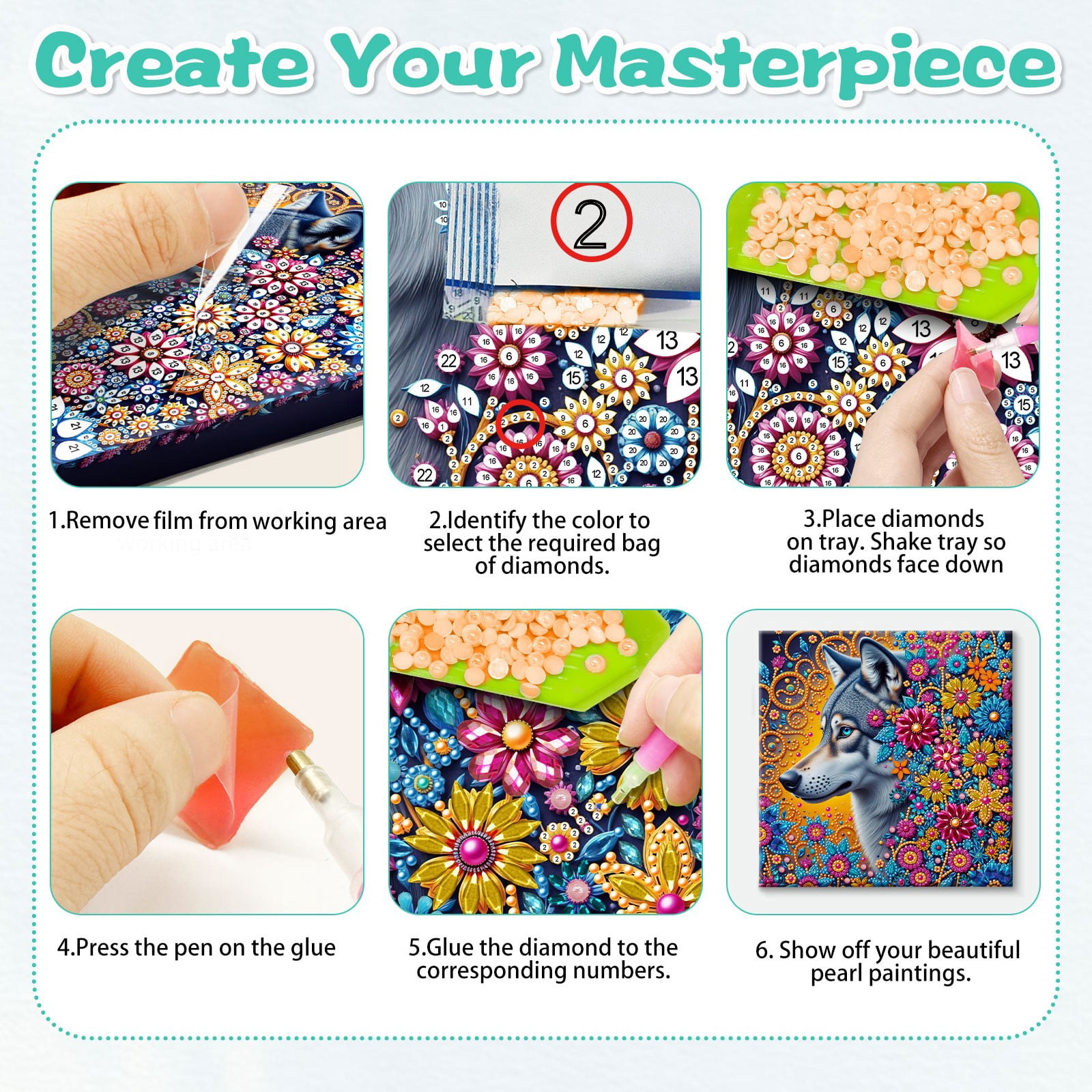 FLOPESN DIY Pearl Painting Kit with Wood Frame, 11.42x11.42 Inch Home Wall Art Decor, Mindful Adult Craft for Stress Relief and Relaxation-Wolf